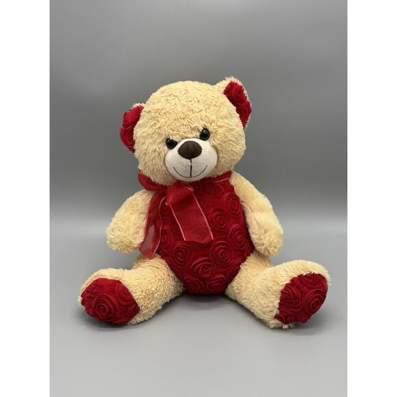 Teddy Bear Plush With Red Roses Belly Ears With Red Ribbon 14” Stuffed Animal - Picture 1 of 9